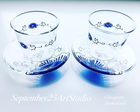 【ブルー】涼しげなブルー茶器カップ（グラス）＆ソーサー/結婚祝い・両親へのプレゼント・父の日ギフト・誕生日プレゼント 2枚目の画像