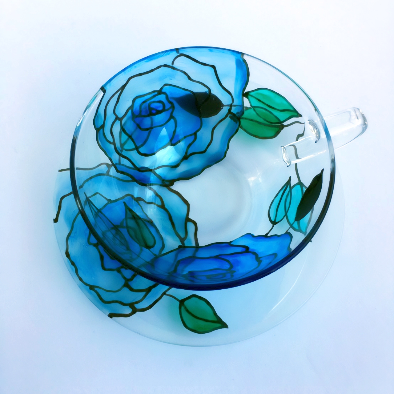 《母の日ギフト》花咲くティーカップ【クリアなブルーローズ】青バラ｜退職祝い・誕生日プレゼント・還暦祝い・