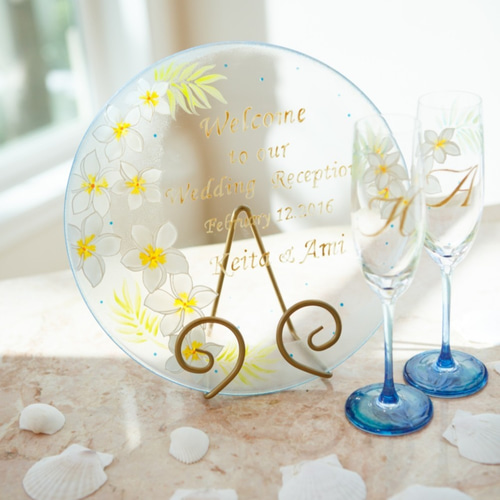 プルメリア】文字入りウェルカムプレート＆ペアシャンパングラス／結婚