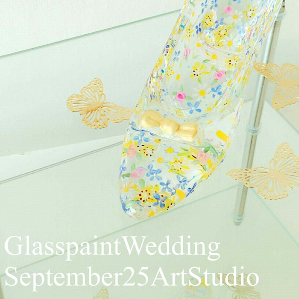 【オリジナル】オリジナルデザイン　クリスタルガラスの靴（手描きガラス絵付け）／結婚祝いギフト 4枚目の画像
