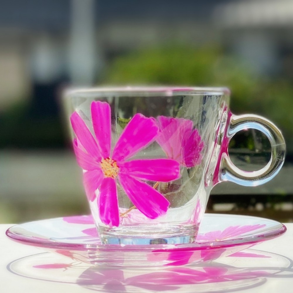 【予約販売】母の日ギフト【花咲くティーカップ】ピンクコスモス耐熱ガラスの名入れ珈琲コーヒーカップ｜還暦祝い・誕生日