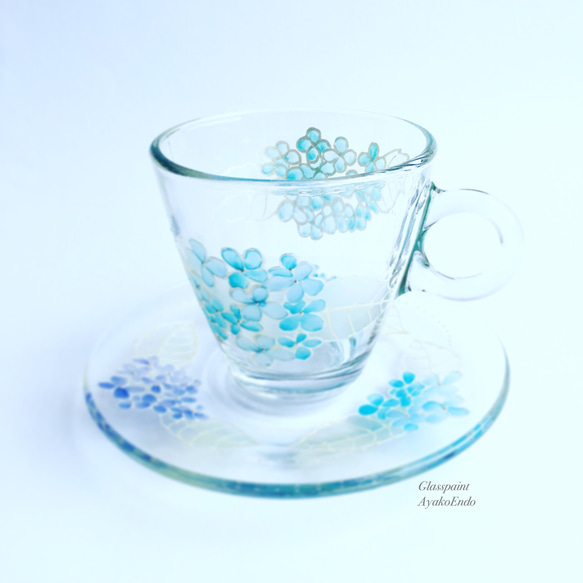 【預購】《母親節禮物》【綻放杯】藍繡球繡球耐熱玻璃個人化咖啡杯（茶杯）&amp;碟 第1張的照片