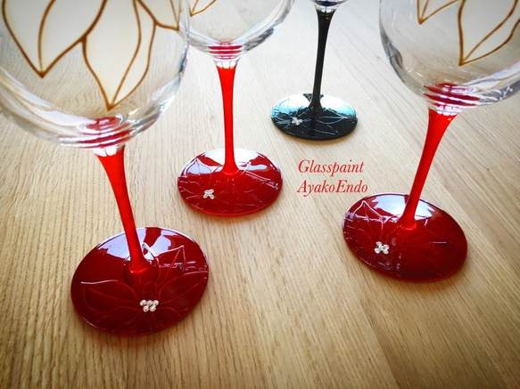 Creema限定クリスマスプレゼント【還暦祝い】人気のポインセチア　マットな赤花　ワイングラス1個 6枚目の画像