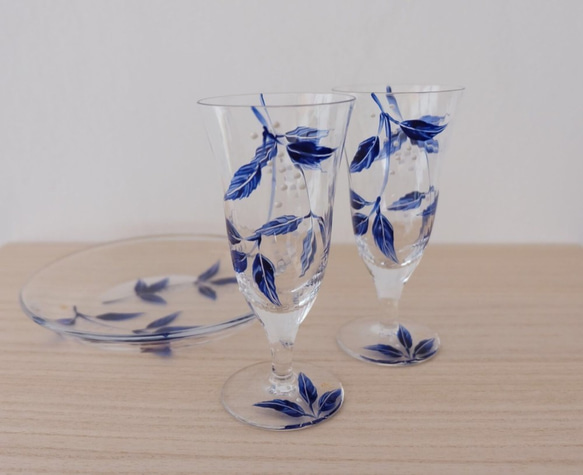 Creema Limited [Blue Leaf] Named Sake Pair Glass | 父親節禮物，結婚禮物，父母 第2張的照片