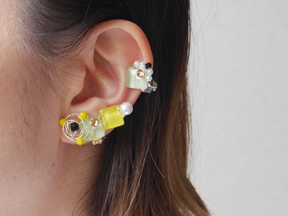 キャンディearcuff／yellow×lightgreen／痛くないイヤリング　レモンカラー 3枚目の画像