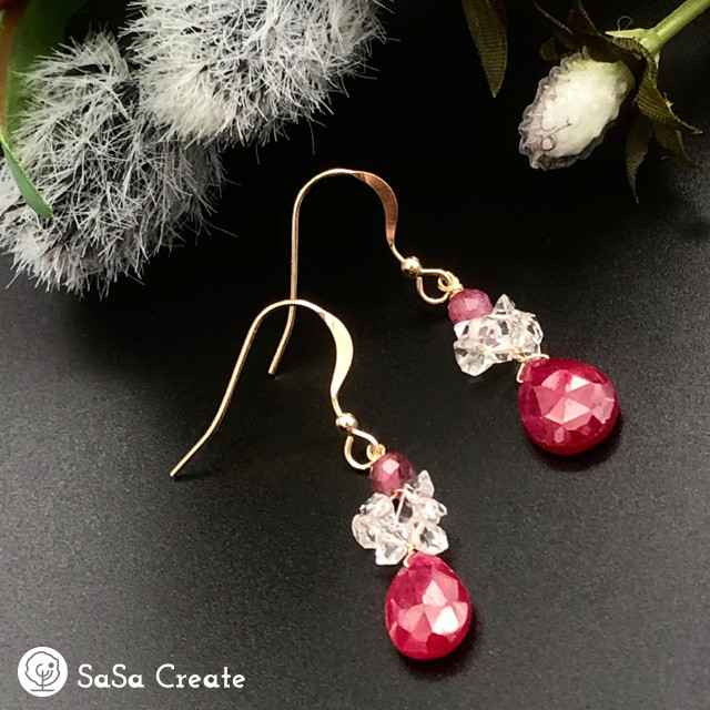 情熱の赤☆ルビーとハーキマーダイヤモンドのピアス14kgf