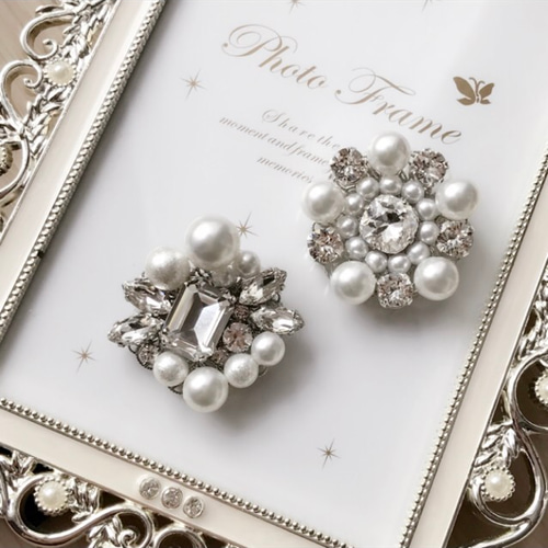 未使用級✨ルネ クリスタルフラワーブローチ パール ビジュー パール シルバー キラキラ✨ ビジュー×パール ブローチ☆シルバーver.(small