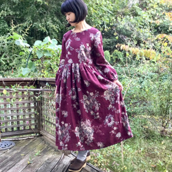 handmadeワンピース長袖YUWA花柄freeボルドーブラウン ふうたん様専用】handmadeワンピース長袖YUWA花柄free handmade