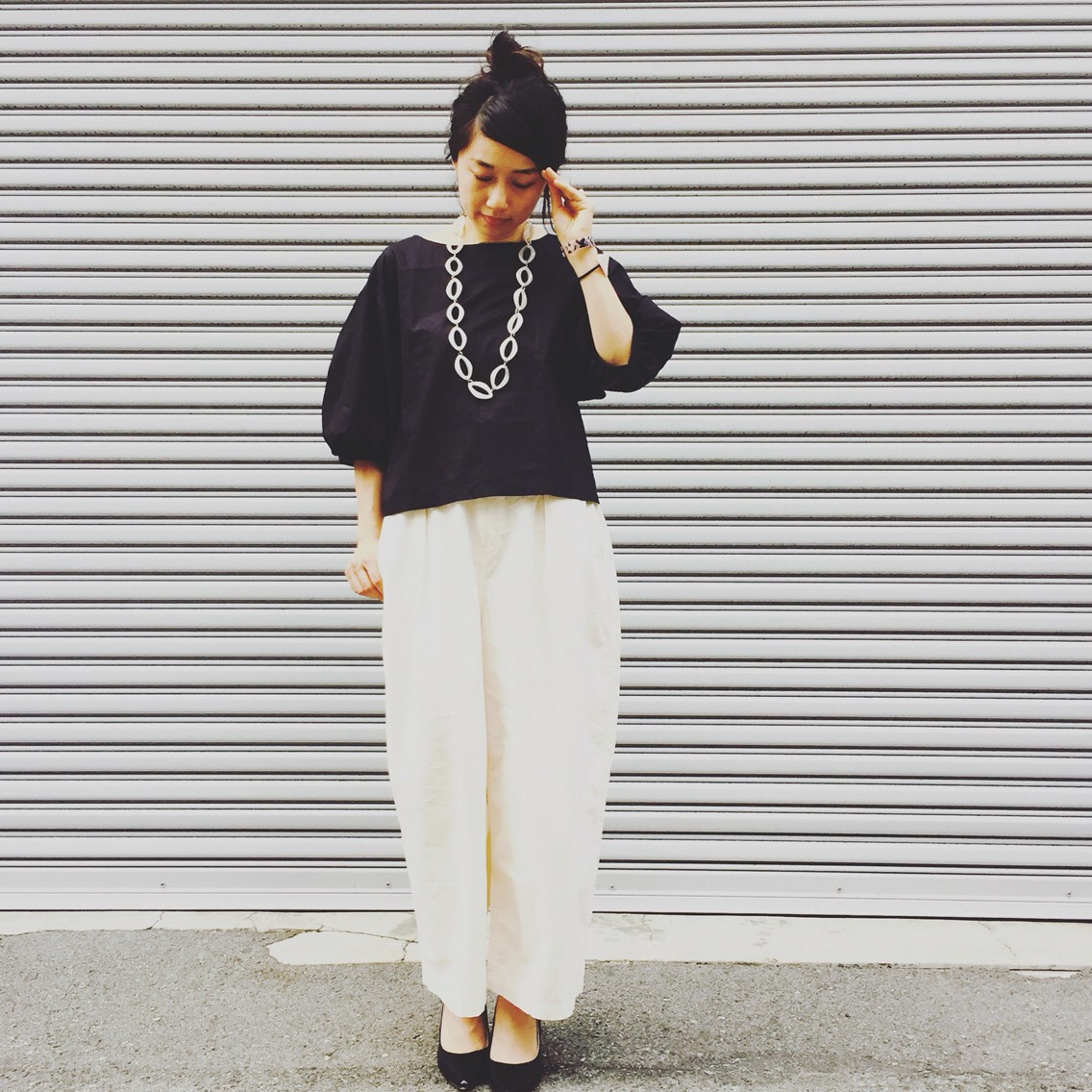 SALEバルーン袖ブラウス ブラックコットン