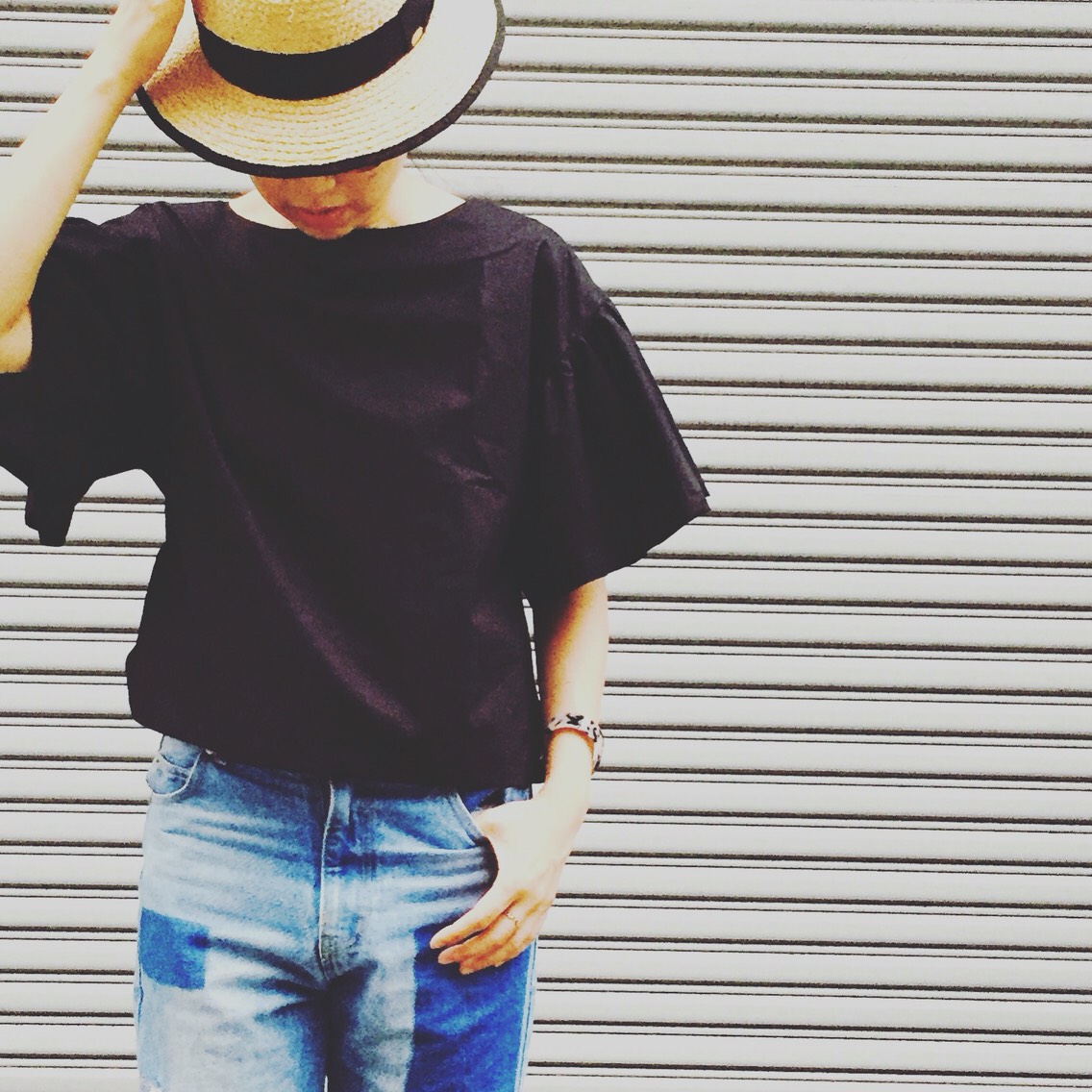 コットンギャザー袖ブラウス ブラック