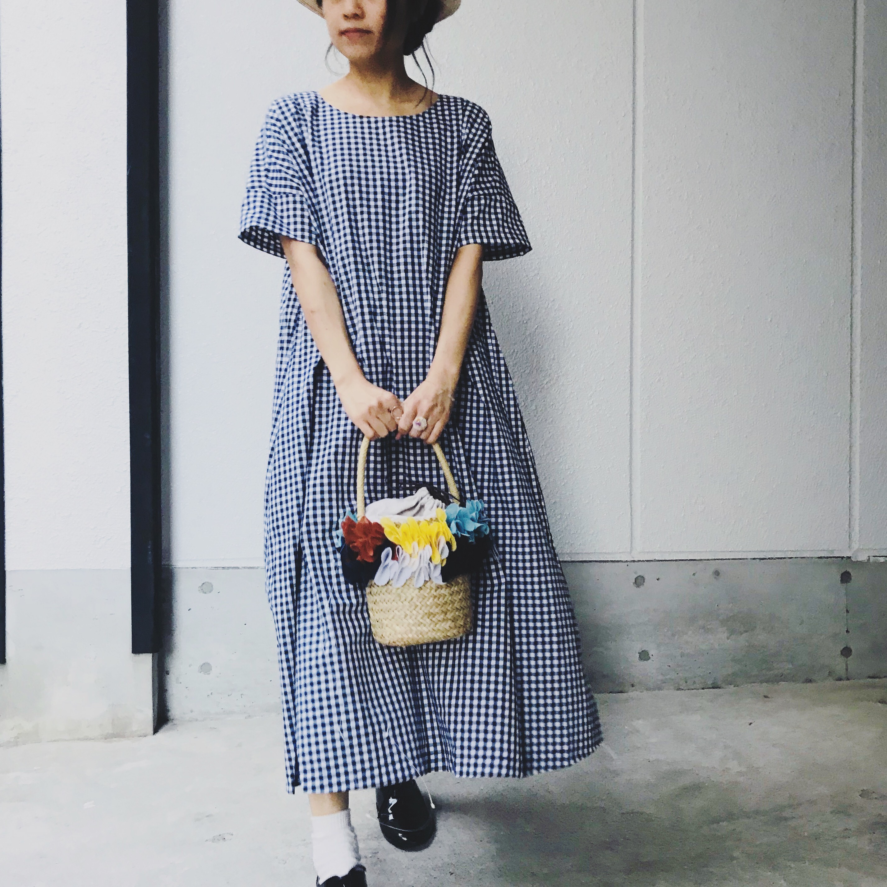コットンギンガムチェックウエストリボンワンピース  longSALE