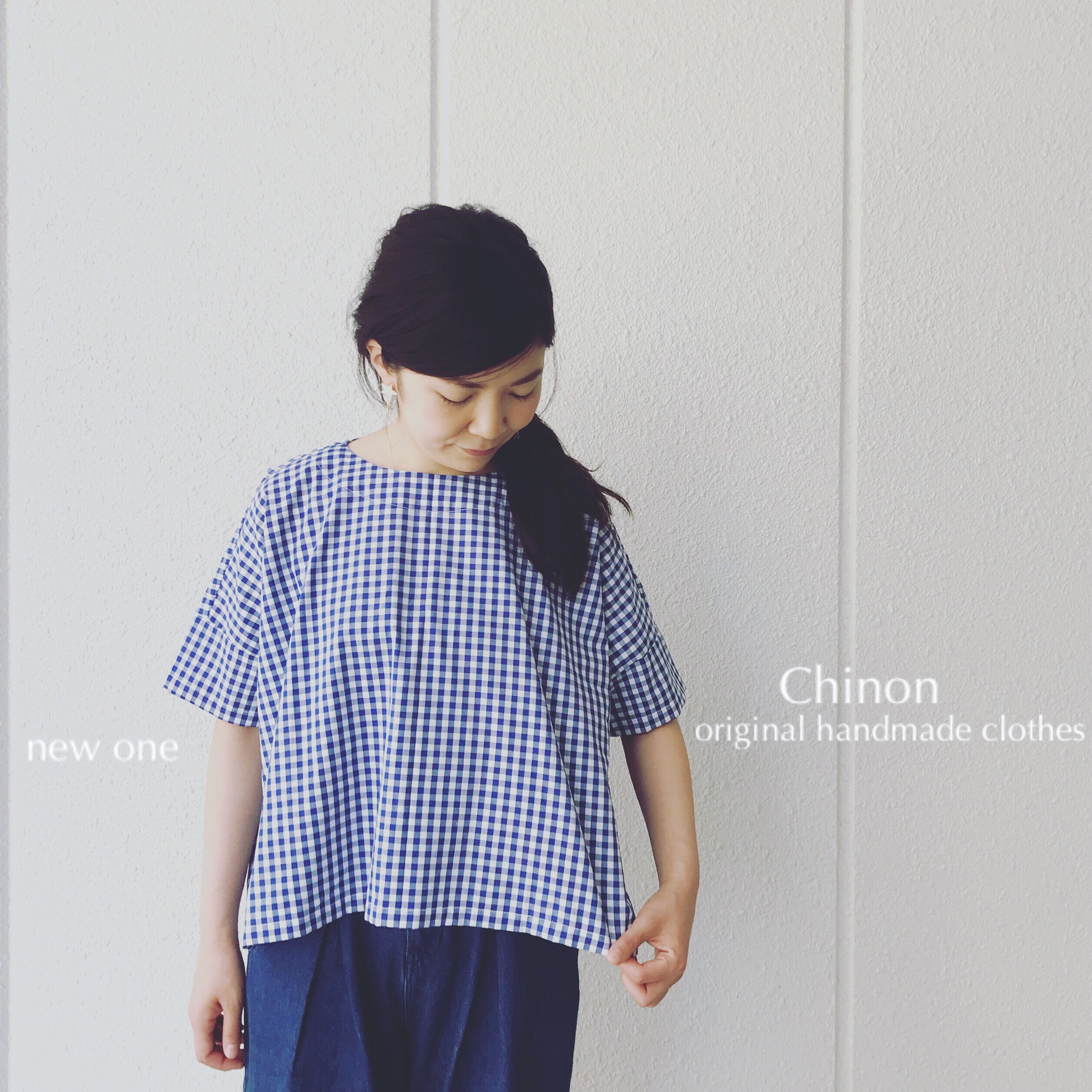 ブルーgingham check後ろリボンブラウス