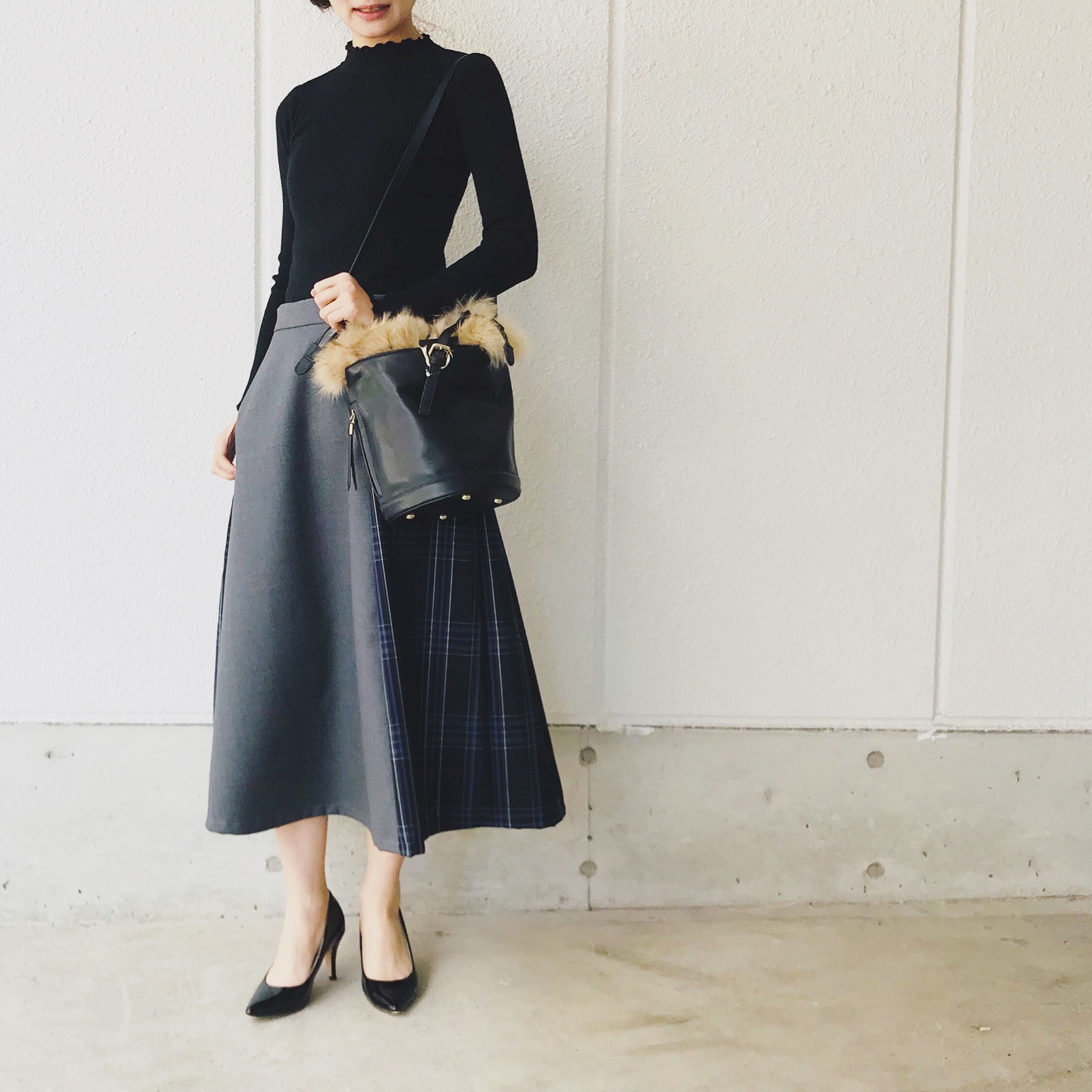 チェック切り替えアシンメトリータックスカート  国産ウール生地