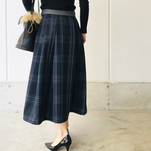 チェック切り替えアシンメトリータックスカート 国産ウール生地 フレア