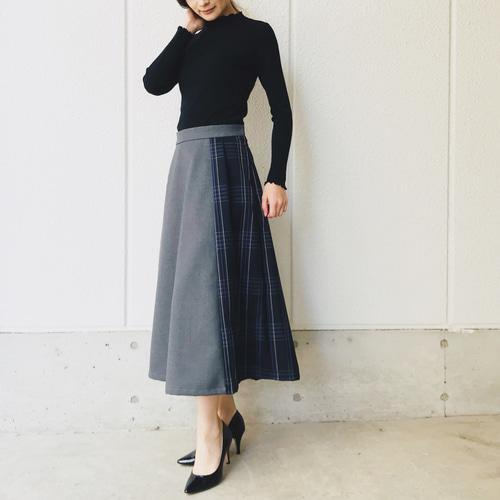 チェック切り替えアシンメトリータックスカート 国産ウール生地 フレア