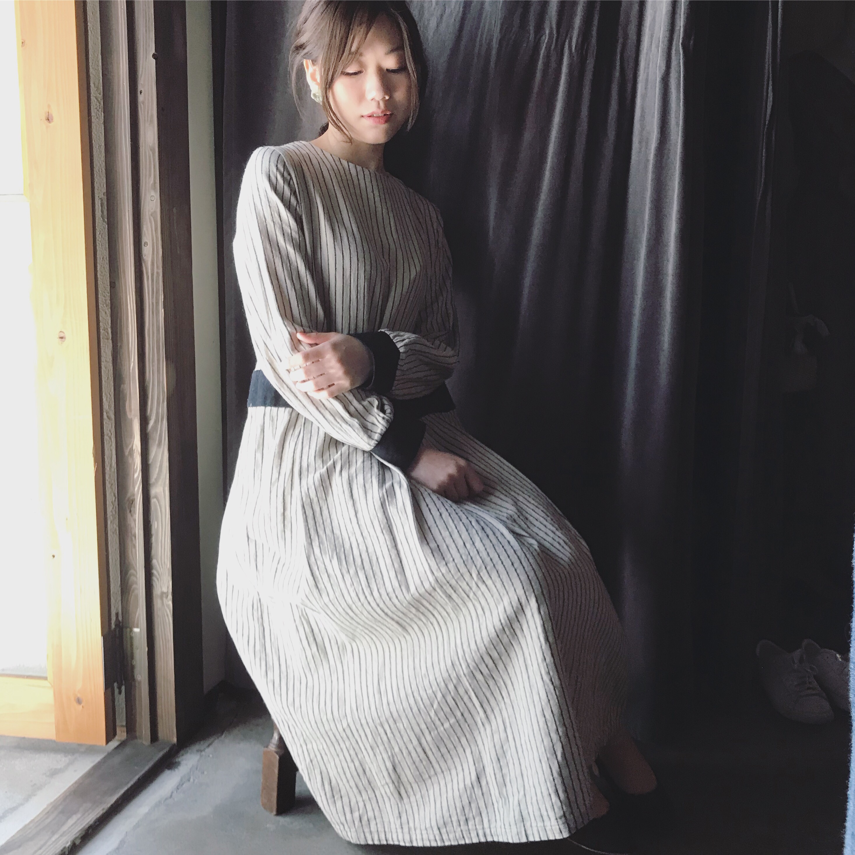 綿麻ストライプワンピース