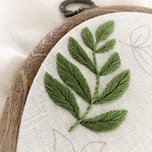 刺繍アート作品 緑色フレーム付き 刺繍キット〉グリーンリーフボタニカルの刺繍フレーム キット