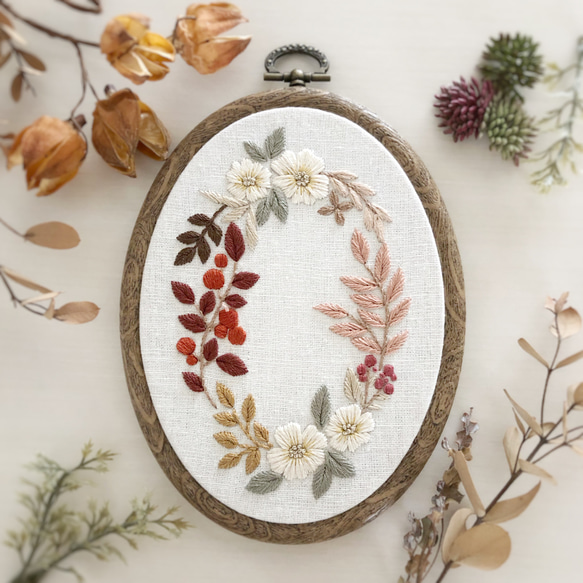 〈刺繍キット〉秋色植物の刺繍ミニフレーム 1枚目の画像