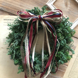 Creema限定  Wreath 【フレッシュグリーンのリース・クリスマスリボン】受注製作となります 2枚目の画像