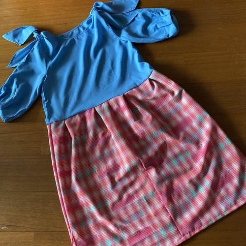 sale!着物リメイク 肩出しパフ袖と紬 ドッキングワンピースとお揃い 