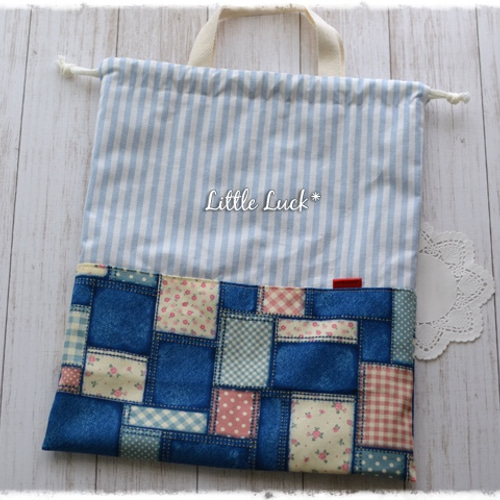 一部即納可】体操着袋（持ち手付き巾着袋）〈デニムパッチワーク