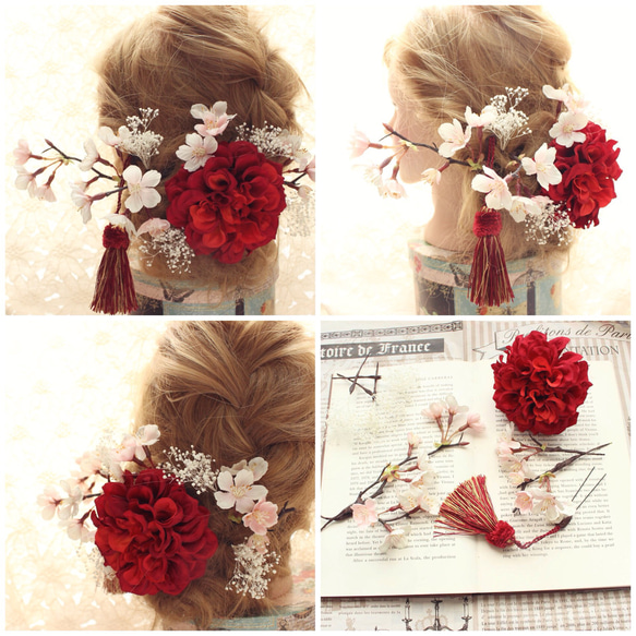 【限定品】 枝付き桜と赤ダリアの髪飾り♡ 2枚目の画像