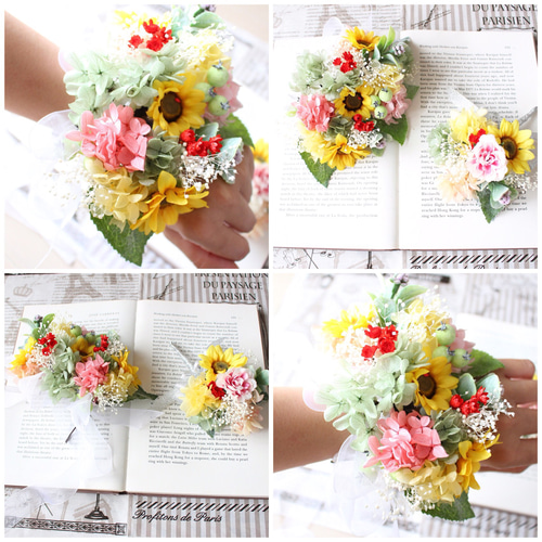 【3点セット】ブーケ、ブートニア、リストレット ヒマワリ バラ 結婚式 b4a70bf93444fbd29a52fa16d88aef