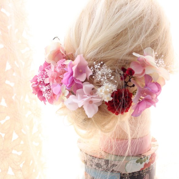 ダリア＊ピンクグラデーション紫陽花 髪飾り 4枚目の画像