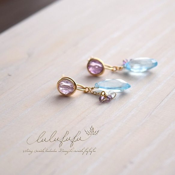 lulufufu◆14kgf◇drop earring～rose amethyst & skybluetopaz 2枚目の画像