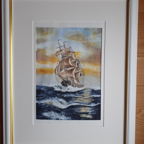 ☆岸 葉子☆「 帆船 」水彩画　色紙　未使用！ ☆岸 葉子☆「 帆船 」水彩画 色紙 未使用！ 真名瀬日和(漁船の