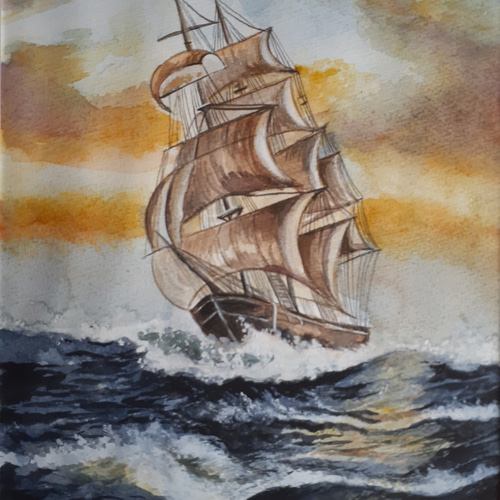 水彩画 夕焼けの帆船 絵画 makochin 通販 12192410｜Creema