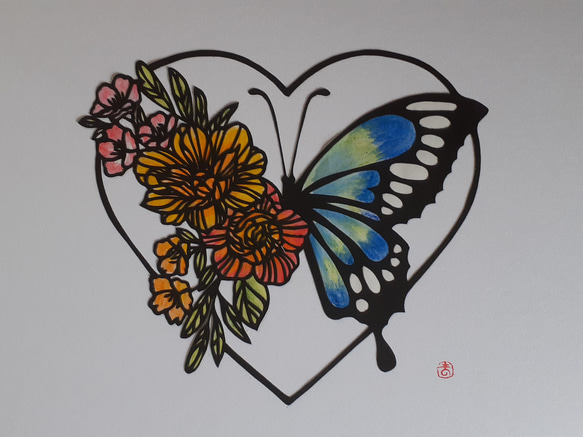 切り絵アート　花と蝶 2枚目の画像