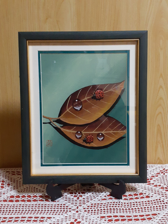 額縁付きトールペイント] てんとう虫と水滴 絵画 makochin 通販