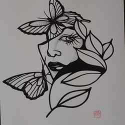 切り絵アート　美女と蝶々の乱舞 2枚目の画像