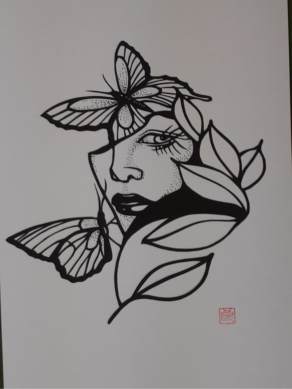 切り絵アート　美女と蝶々の乱舞 2枚目の画像