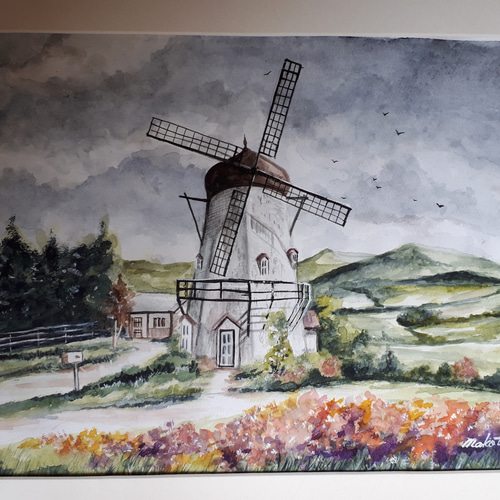 水彩画 風車の見える丘 絵画 makochin 通販 12231393｜Creema(クリーマ)