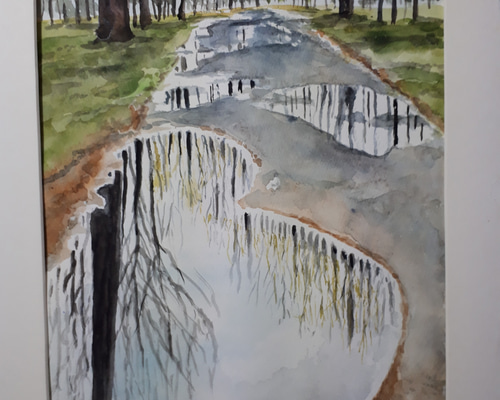 水彩画手描【藤の木の下で戯れる女性】縦72X横幅60センチ