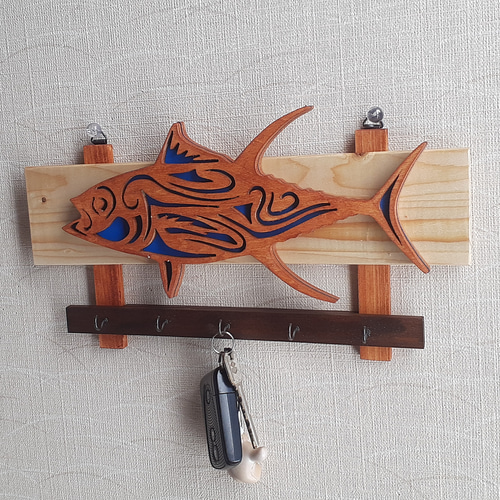 青い魚壁掛けキーフック(木工アート) その他インテリア雑貨 makochin