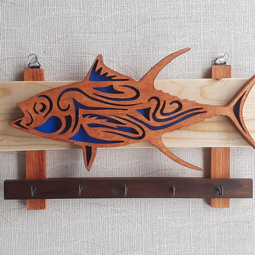青い魚壁掛けキーフック(木工アート) その他インテリア雑貨 makochin