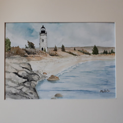 水彩画　海岸沿いの灯台 1枚目の画像