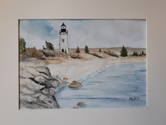 水彩画　海岸沿いの灯台 2枚目の画像