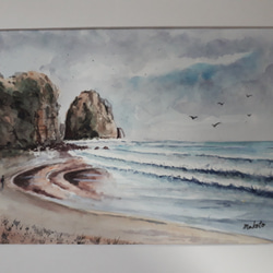 荒崎海岸 水彩画 2015年制作額縁付き 荒崎海岸から水彩画（額装済み） 荒崎海岸を望む水彩画 額装済み