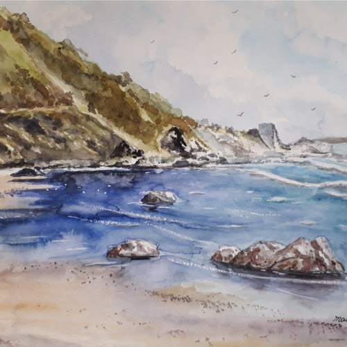 水彩画 波静かな砂浜 絵画 makochin 通販 6022466｜Creema(クリーマ)