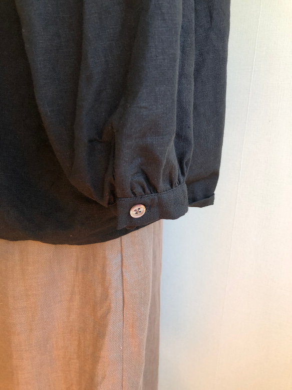 リネン　ファーマーシャツ　ラグラン　ブラック 6枚目の画像
