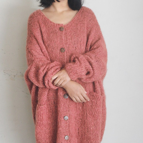 手編みモヘアロングカーディガン サーモンピンク ニット