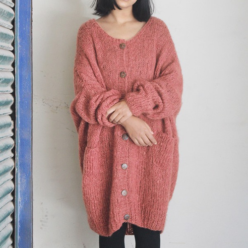 手編みモヘアロングカーディガン 茜色(ピンク系) ニット 手編みモヘアロングカーディガン 茜色(ピンク系) ニット