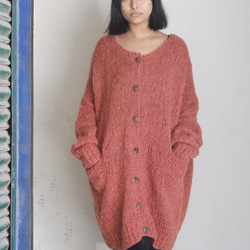 手工編織馬海毛長版開襟衫（鮭魚粉紅） 第2張的照片