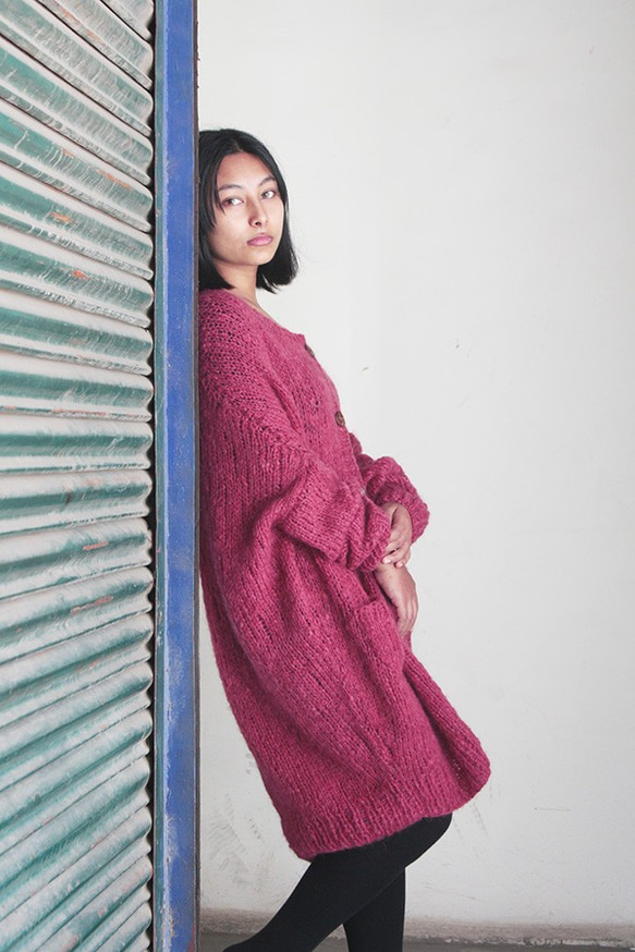 手編みモヘアロングカーディガン チェリーピンク ニット 手編みモヘアロングカーディガン チェリーピンク ニット