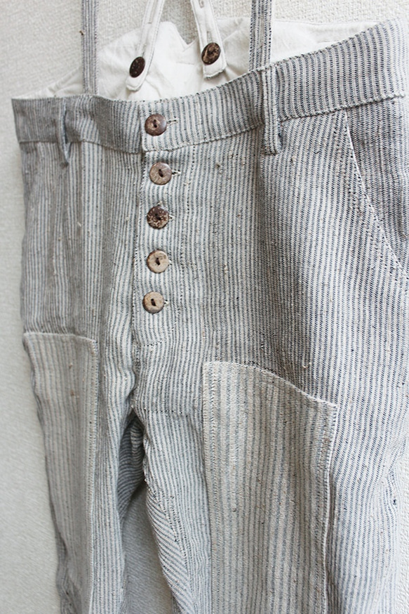 手工編織條紋貼布工裝褲 第3張的照片