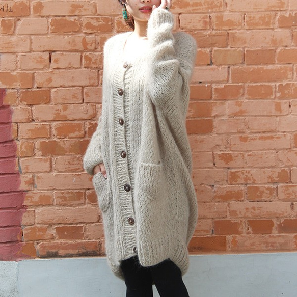 手工編織天然馬海毛長開襟衫 第2張的照片